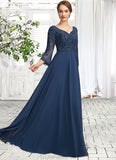 Ruby A-Line V-neck Floor-Length Chiffon Lace Mother of the Bride Dress With Beading Sequins STG126P0014739
