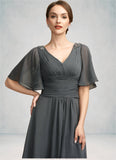 Olive A-Line V-neck Asymmetrical Chiffon Mother of the Bride Dress With Ruffle Beading STG126P0014744