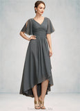 Olive A-Line V-neck Asymmetrical Chiffon Mother of the Bride Dress With Ruffle Beading STG126P0014744