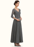 EmeryPiper A-Line V-neck Ankle-Length Chiffon Lace Mother of the Bride Dress With Sequins Pleated STG126P0014745