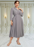 Mira A-Line V-neck Tea-Length Stretch Crepe Mother of the Bride Dress STG126P0014844