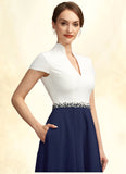 Yoselin A-Line V-neck Tea-Length Stretch Crepe Mother of the Bride Dress With Beading Sequins Pockets STG126P0014854