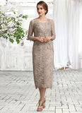 Alice Sheath/Column Scoop Neck Tea-Length Lace Mother of the Bride Dress With Sequins STG126P0014898