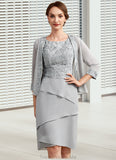 Violet Sheath/Column Scoop Neck Asymmetrical Chiffon Lace Mother of the Bride Dress With Cascading Ruffles STG126P0014912