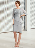 Violet Sheath/Column Scoop Neck Asymmetrical Chiffon Lace Mother of the Bride Dress With Cascading Ruffles STG126P0014912