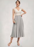 Claire A-Line V-neck Tea-Length Chiffon Lace Mother of the Bride Dress With Beading STG126P0014919