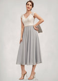 Claire A-Line V-neck Tea-Length Chiffon Lace Mother of the Bride Dress With Beading STG126P0014919
