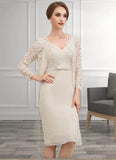 Elle Sheath/Column V-neck Knee-Length Chiffon Lace Mother of the Bride Dress With Bow(s) STG126P0014924