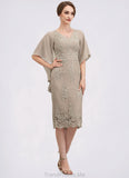 Bianca Sheath/Column V-neck Knee-Length Chiffon Lace Mother of the Bride Dress With Cascading Ruffles STG126P0014925