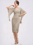 Bianca Sheath/Column V-neck Knee-Length Chiffon Lace Mother of the Bride Dress With Cascading Ruffles STG126P0014925