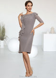 Nyasia Sheath/Column Scoop Neck Knee-Length Chiffon Mother of the Bride Dress With Crystal Brooch Cascading Ruffles STG126P0014943