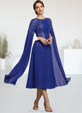 Sara A-Line Scoop Neck Tea-Length Chiffon Lace Mother of the Bride Dress With Sequins STG126P0014960