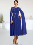 Sara A-Line Scoop Neck Tea-Length Chiffon Lace Mother of the Bride Dress With Sequins STG126P0014960