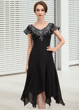 Peyton A-Line V-neck Tea-Length Chiffon Lace Mother of the Bride Dress With Sequins STG126P0014967
