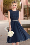 Winifred A-line Scoop Knee-Length Chiffon Lace Homecoming Dress With Beading Bow STGP0020588