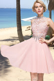 Zoey A-line High Neck Knee-Length Chiffon Lace Homecoming Dress With Beading Sequins STGP0020596