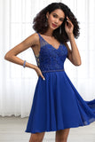 Alani A-line V-Neck Short/Mini Chiffon Lace Homecoming Dress With Beading STGP0020563
