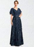Penelope A-line V-Neck Floor-Length Chiffon Lace Sequin Mother of the Bride Dress With Pleated STG126P0021648