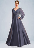 Akira A-line V-Neck Floor-Length Chiffon Mother of the Bride Dress With Pleated Appliques Lace Sequins STG126P0021652