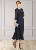 Campbell A-line Boat Neck Illusion Tea-Length Chiffon Lace Mother of the Bride Dress With Sequins STG126P0021658