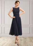 Campbell A-line Boat Neck Illusion Tea-Length Chiffon Lace Mother of the Bride Dress With Sequins STG126P0021658