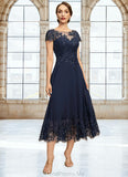 Elena A-line Scoop Illusion Tea-Length Chiffon Lace Mother of the Bride Dress With Sequins STG126P0021664