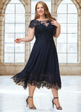 Elena A-line Scoop Illusion Tea-Length Chiffon Lace Mother of the Bride Dress With Sequins STG126P0021664