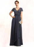 Dominique A-line V-Neck Floor-Length Chiffon Lace Mother of the Bride Dress With Beading Cascading Ruffles Sequins STG126P0021675