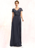 Dominique A-line V-Neck Floor-Length Chiffon Lace Mother of the Bride Dress With Beading Cascading Ruffles Sequins STG126P0021675