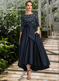 Kim A-line Scoop Illusion Asymmetrical Lace Satin Mother of the Bride Dress With Bow STG126P0021678