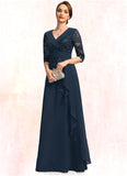 Skylar A-line V-Neck Floor-Length Chiffon Lace Mother of the Bride Dress With Cascading Ruffles Sequins STG126P0021691