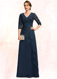 Skylar A-line V-Neck Floor-Length Chiffon Lace Mother of the Bride Dress With Cascading Ruffles Sequins STG126P0021691