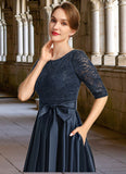 Claire A-line Scoop Asymmetrical Lace Satin Mother of the Bride Dress With Bow Sequins STG126P0021697