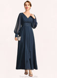 Diamond A-line V-Neck Ankle-Length Chiffon Mother of the Bride Dress With Beading Cascading Ruffles Sequins STG126P0021698