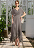 Kaitlynn A-line V-Neck Asymmetrical Chiffon Lace Mother of the Bride Dress With Pleated STG126P0021699