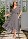 Kaitlynn A-line V-Neck Asymmetrical Chiffon Lace Mother of the Bride Dress With Pleated STG126P0021699