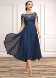 Hazel A-line Boat Neck Illusion Tea-Length Chiffon Lace Mother of the Bride Dress With Cascading Ruffles Sequins STG126P0021702