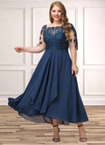 Hazel A-line Boat Neck Illusion Tea-Length Chiffon Lace Mother of the Bride Dress With Cascading Ruffles Sequins STG126P0021702