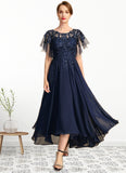 Brooklyn A-line Scoop Illusion Asymmetrical Chiffon Lace Mother of the Bride Dress With Sequins STG126P0021712