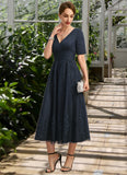 Lila A-line V-Neck Tea-Length Lace Tulle Mother of the Bride Dress With Pleated STG126P0021716