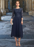 Miracle A-line Scoop Illusion Tea-Length Chiffon Lace Mother of the Bride Dress With Pleated Sequins STG126P0021720