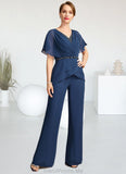 Sal Jumpsuit/Pantsuit Separates V-Neck Floor-Length Chiffon Mother of the Bride Dress With Beading Pleated Sequins STG126P0021800