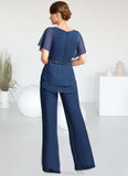 Sal Jumpsuit/Pantsuit Separates V-Neck Floor-Length Chiffon Mother of the Bride Dress With Beading Pleated Sequins STG126P0021800