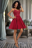 Sage A-line V-Neck Short/Mini Lace Satin Homecoming Dress With Beading STGP0020554