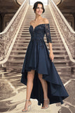 Brooklyn A-line Off the Shoulder Asymmetrical Lace Satin Homecoming Dress With Sequins STGP0020580
