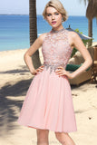 Zoey A-line High Neck Knee-Length Chiffon Lace Homecoming Dress With Beading Sequins STGP0020596