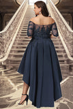 Brooklyn A-line Off the Shoulder Asymmetrical Lace Satin Homecoming Dress With Sequins STGP0020580
