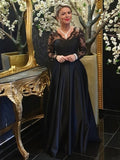 Paris A-Line/Princess Satin Lace V-neck Long Sleeves Sweep/Brush Train Mother of the Bride Dresses STGP0020439