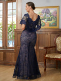 Sahna Sheath/Column Silk like Satin Lace V-neck Short Sleeves Floor-Length Mother of the Bride Dresses STGP0020338