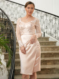 Ruby Sheath/Column Satin Lace V-neck Long Sleeves Knee-Length Mother of the Bride Dresses STGP0020359